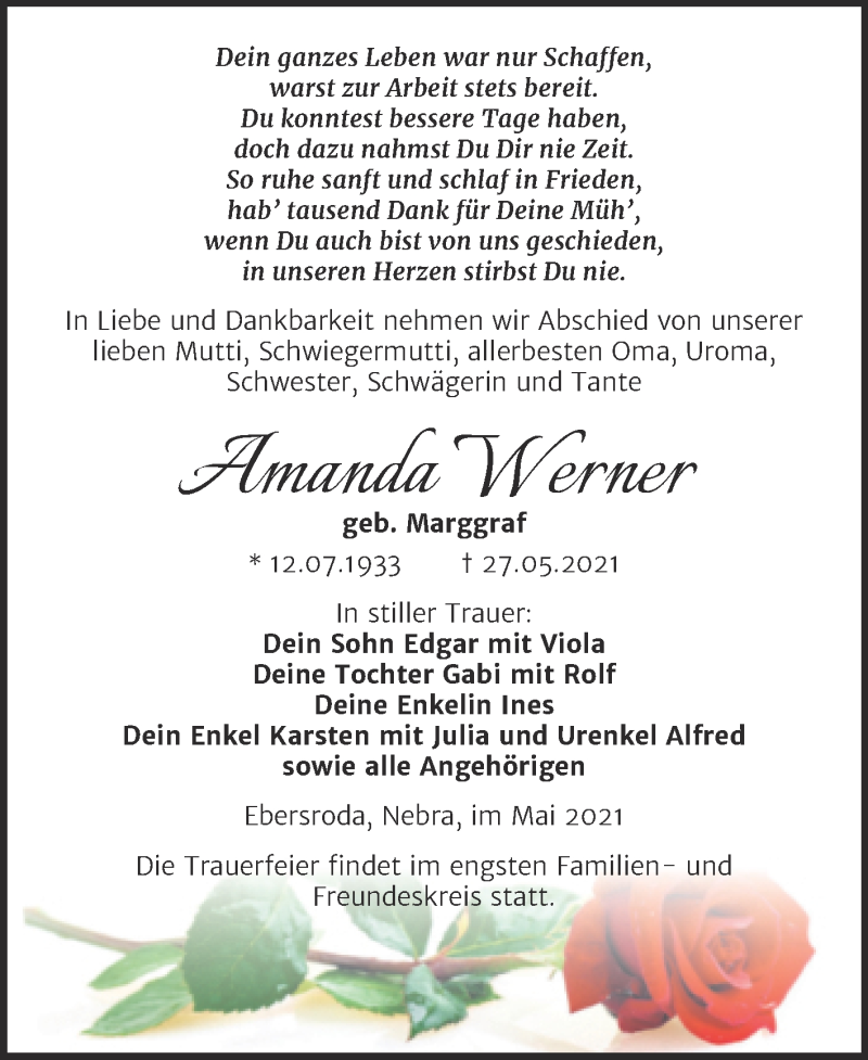  Traueranzeige für Amanda Werner vom 01.06.2021 aus Naumburger Tageblatt