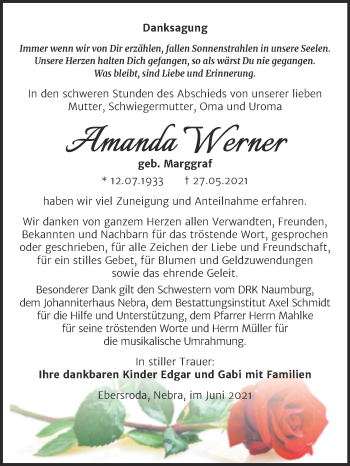 Traueranzeige von Amanda Werner von Naumburger Tageblatt