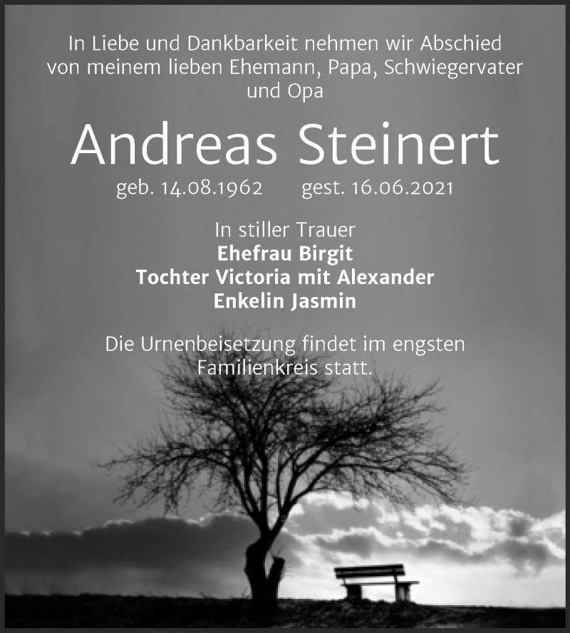  Traueranzeige für Andreas Steinert vom 26.06.2021 aus Trauerkombi Wittenberg