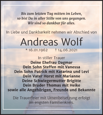 Traueranzeige von Andreas Wolf von Trauerkombi Bitterfeld