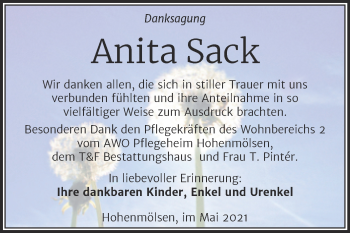 Traueranzeige von Anita Sack von Wochenspiegel Weißenfels