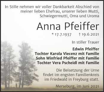 Traueranzeige von Anna Pfeiffer von Trauerkombi Merseburg
