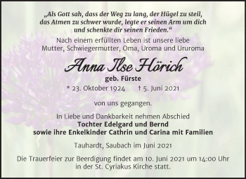 Traueranzeige von Anna Ilse Hörich von Naumburger Tageblatt