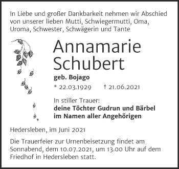 Traueranzeige von Annamarie Schubert von Trauerkombi Mansfelder Land