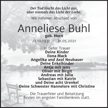 Traueranzeige von Anneliese Buhl von Trauerkombi Wittenberg