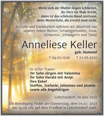 Traueranzeige von Anneliese Keller von Mitteldeutsche Zeitung Mansfelder Land