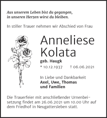 Traueranzeige von Anneliese Kolata von Trauerkombi Bernburg
