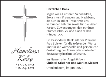 Traueranzeige von Anneliese Kolze von Trauerkombi Dessau