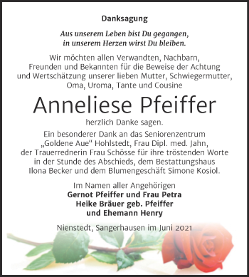 Traueranzeige von Anneliese Pfeiffer von Trauerkombi Sangerhausen