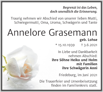 Traueranzeige von Annelore Grasemann von Trauerkombi Mansfelder Land