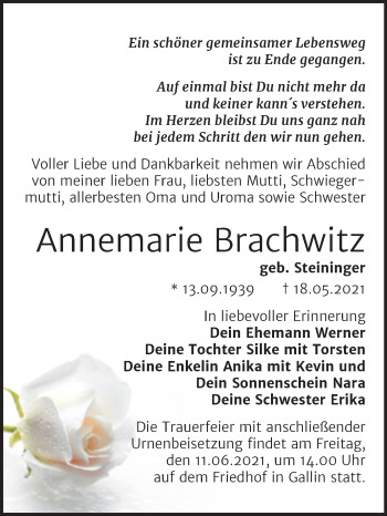 Traueranzeige von Annemarie Brachwitz von Trauerkombi Wittenberg
