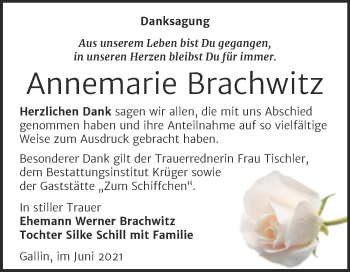 Traueranzeige von Annemarie Brachwitz von Trauerkombi Wittenberg