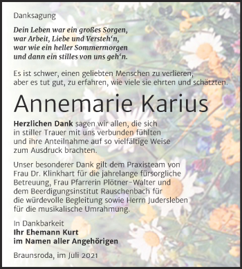 Traueranzeige von Annemarie Karius von Naumburger Tageblatt