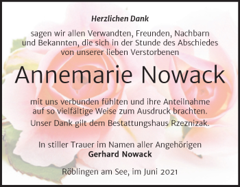 Traueranzeige von Annemarie Nowack von Trauerkombi Mansfelder Land