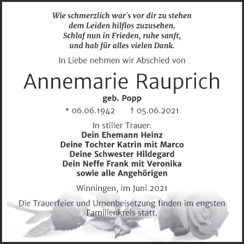 Traueranzeige von Annemarie Rauprich von Trauerkombi Aschersleben