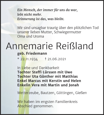 Traueranzeige von Annemarie Reißland von Trauerkombi Zeitz