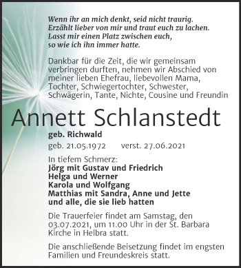 Traueranzeige von Annett Schlanstedt von Mitteldeutsche Zeitung Mansfelder Land