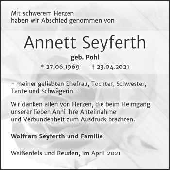 Traueranzeige von Annett Seyferth von Trauerkombi Weißenfels