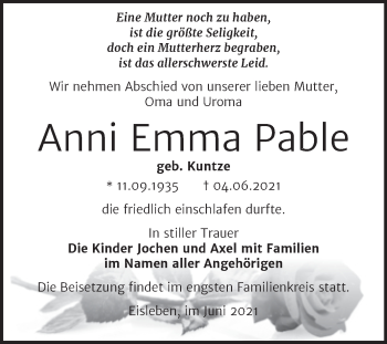 Traueranzeige von Anni Emma Pable von Trauerkombi Mansfelder Land