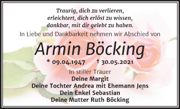 Traueranzeige von Armin Böcking von Trauerkombi Merseburg