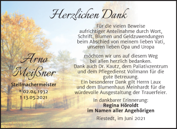 Traueranzeige von Arno Meißner von Trauerkombi Sangerhausen
