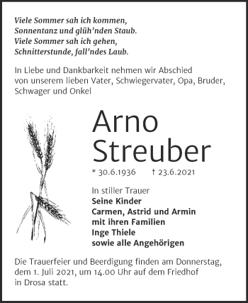 Traueranzeige von Arno Streuber von Mitteldeutsche Zeitung Köthen