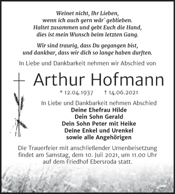 Traueranzeige von Arthur Hofmann von Wochenspiegel Naumburg/Nebra