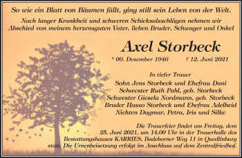 Traueranzeige von Axel Storbeck von Trauerkombi Quedlinburg