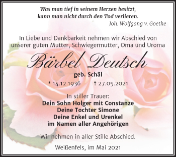 Traueranzeige von Bärbel Deutsch von Trauerkombi Mansfelder Land