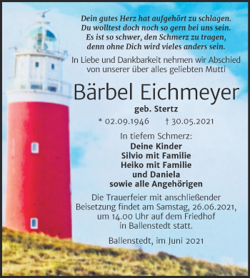Traueranzeige von Bärbel Eichmeyer von Trauerkombi Quedlinburg