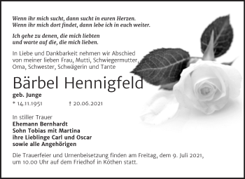 Traueranzeige von Bärbel Hennigfeld von Mitteldeutsche Zeitung Köthen