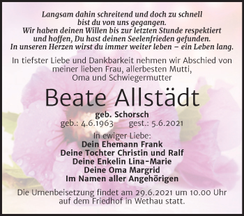 Traueranzeige von Beate Allstädt von Wochenspiegel Naumburg/Nebra