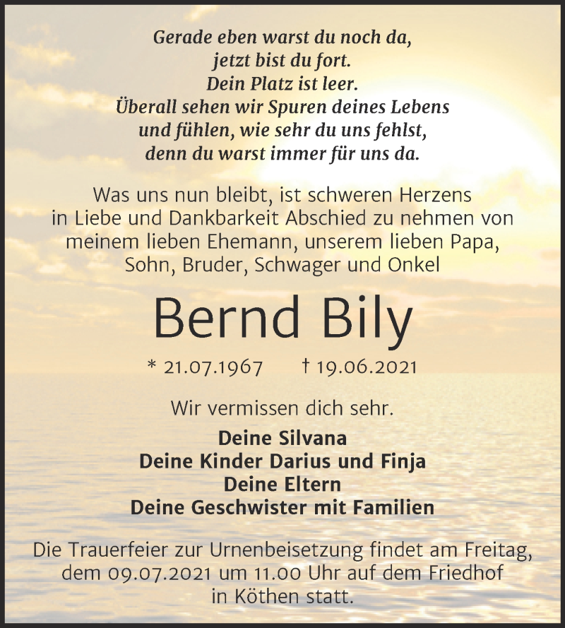  Traueranzeige für Bernd Bily vom 26.06.2021 aus Trauerkombi Köthen