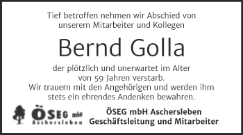 Traueranzeige von Bernd Golla von Super Sonntag Aschersleben