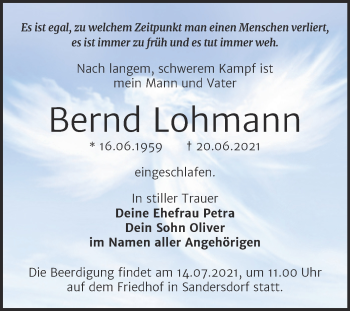 Traueranzeige von Bernd Lohmann von Trauerkombi Bitterfeld