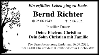 Traueranzeige von Bernd Richter von Trauerkombi Wittenberg