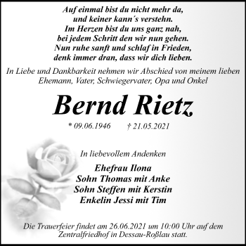 Traueranzeige von Bernd Rietz von Trauerkombi Dessau