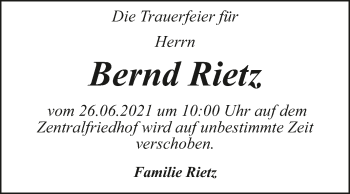 Traueranzeige von Bernd Rietz von Trauerkombi Dessau