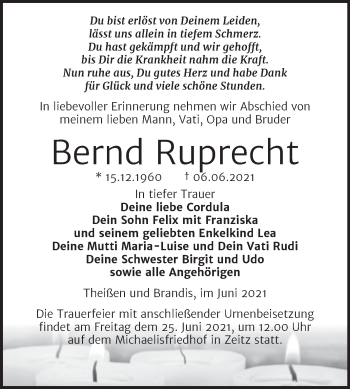 Traueranzeige von Bernd Ruprecht von Trauerkombi Zeitz
