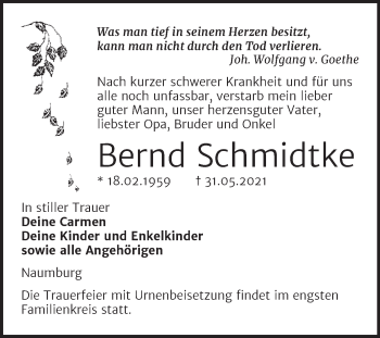 Traueranzeige von Bernd Schmidtke von Wochenspiegel Naumburg/Nebra