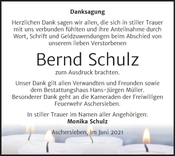 Traueranzeige von Bernd Schulz von Trauerkombi Aschersleben
