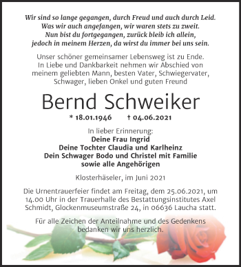 Traueranzeige von Bernd Schweiker von Wochenspiegel Naumburg/Nebra
