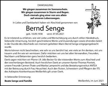 Traueranzeige von Bernd Senge von Trauerkombi Weißenfels