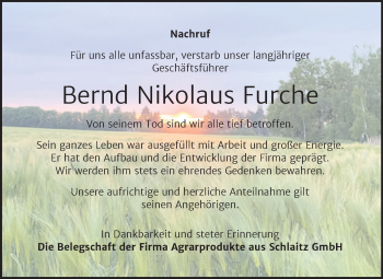 Traueranzeige von Bernd Nikolaus Furche von Mitteldeutsche Zeitung