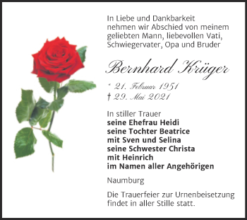 Traueranzeige von Bernhard Krüger von Wochenspiegel Naumburg/Nebra