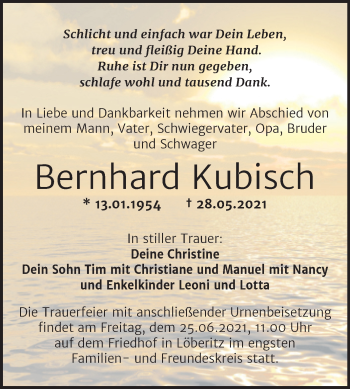 Traueranzeige von Bernhard Kubisch von Trauerkombi Bitterfeld