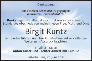 Traueranzeige von Birgit Kuntz von Trauerkombi Mansfelder Land