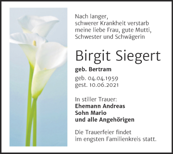 Traueranzeige von Birgit Siegert von Trauerkombi Aschersleben