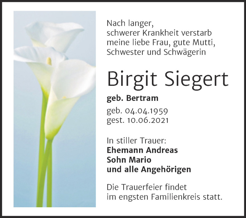  Traueranzeige für Birgit Siegert vom 14.06.2021 aus Trauerkombi Aschersleben