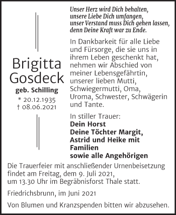 Traueranzeige von Brigitta Gosdeck von Trauerkombi Quedlinburg
